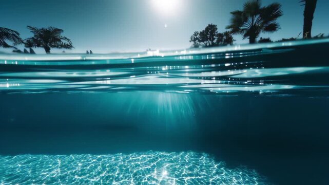 Underwater split shot of a swimming pool above and below. Sunny sky, palms, sunbeds and umbrellas. 4k vacation background loop
