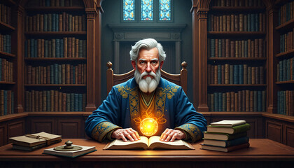 A wise old wizard with a serious look conjures over a book in an ancient library.