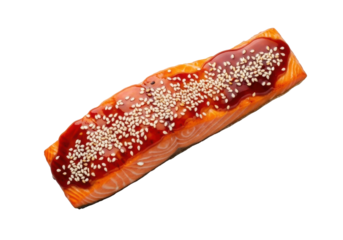 Flaky atlantic salmon fillet with orange-pink flesh, glossy dark amber teriyaki glaze and white sesame seeds, on a transparent studio background, concept of culinary excellence