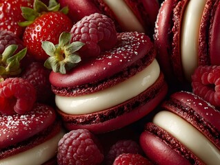 Close-up of red velvet macarons with creamy filling, fresh raspberries, and strawberries in delightful arrangement.