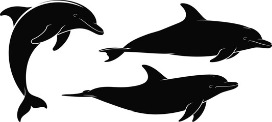 Silhouette of dolphins jumping, marine life illustration, ocean animals, aquatic wildlife, black and white design, nature art, Adobe Stock image