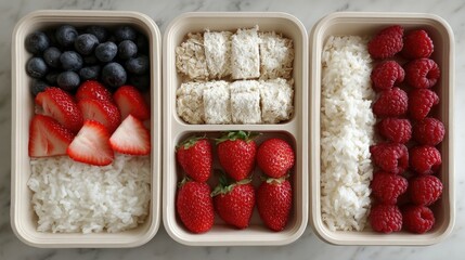 Colorful bento boxes with rice, fruit, and protein