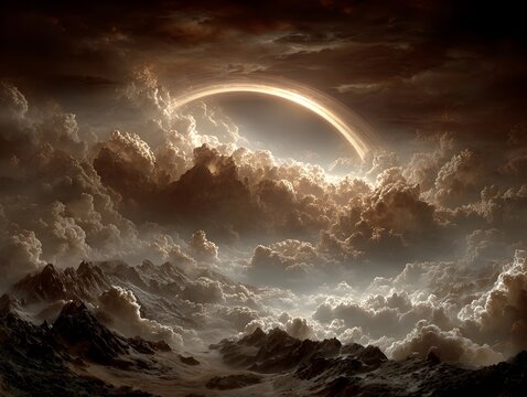Dramatic clouds roll over a rugged landscape with a glowing in the sky creating a surreal scene.
