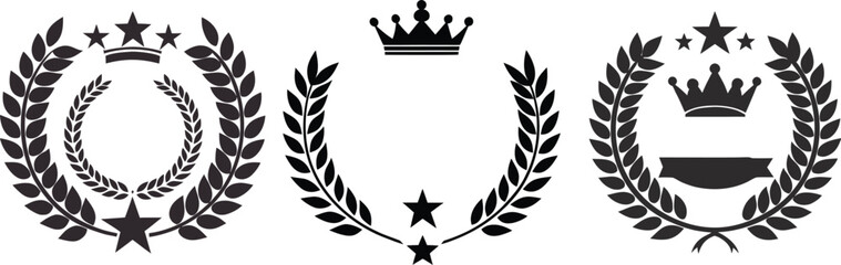 Collection of laurel wreath with crown and star isolated on white background