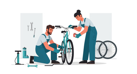 Professional Bicycle Maintenance By Repair Shop Staff Member Couple Teamwork