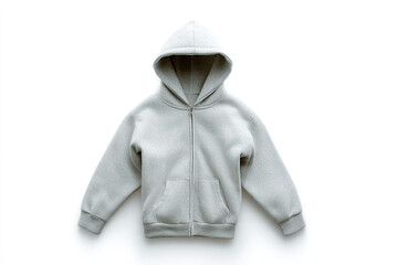 Grey hooded sweatshirt on white. A cozy outer layer with a full zipper, hood, and a convenient front pocket. Perfect for chilly days.