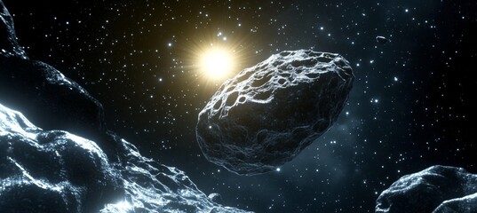 Exploring the Surface of a Distant Asteroid in a Remote Solar System, Symbolizing Human Exploration