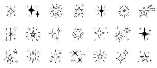 Stars and sparkles doodle set. Christmas blink, firework, glitter silhouette and glowing symbols, comic twinkle effect in sketch style. Hand drawn vector illustration isolated on white background