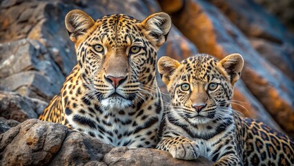 Obraz premium Photo of leopard mother and cub resting on rocks