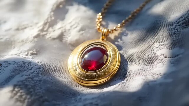 Gold locket necklace with a ruby gemstone