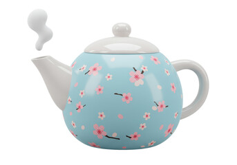 Isolated 3D Blue Teapot with Cherry Blossom Pattern and Steam, Symbolizing Tea Time