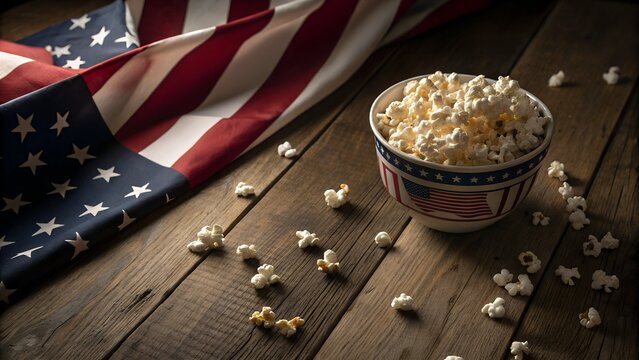 Popcorn and american flag on rustic wooden table - Powered by Adobe