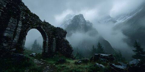 In a dark fantasy setting, an ancient stone castle wall lies in ruins, shrouded in a mysterious fog that adds to the eerie atmosphere of the landscape.