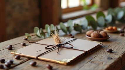 Rustic wedding invitation with brown ribbon on wooden table with nuts and eucalyptus