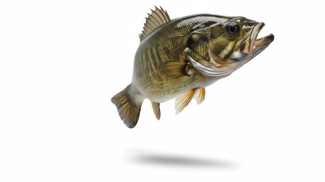 Largemouth Bass Leaping - A largemouth bass, isolated on a white background, is shown leaping out of the water. Its fins are extended, and its mouth is slightly open.