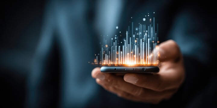 Hand holding phone, digital graphic overlay