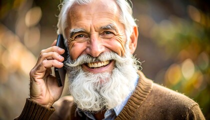 Senior man talking on a cell phone outdoors. Happy expression