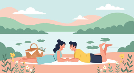 Romantic Couple Enjoying a Picnic on a Lake Shore with Mountain Views