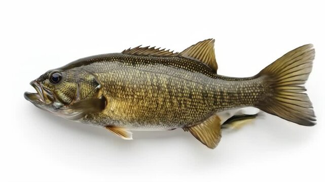 Smallmouth Bass on White Background - A single smallmouth bass is shown in a high-angle, full shot against a clean white background.