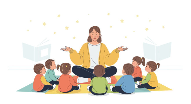 Teacher Reads Story To Children In Classroom Kindergarten Learning Time