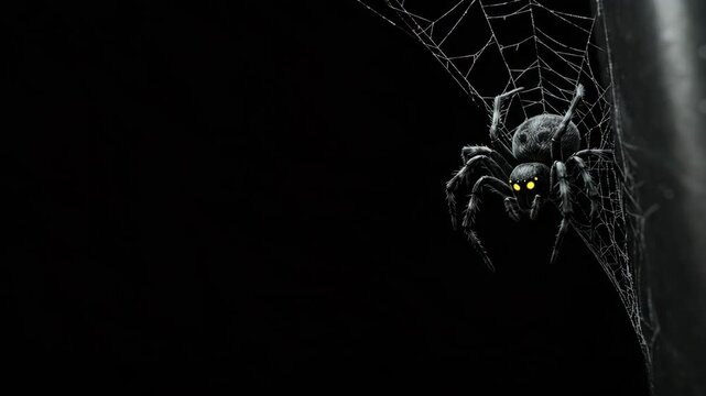 spider with glowing eyes on a cobweb, a creepy Halloween decoration against a black background with copy space - Powered by Adobe