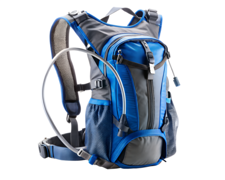 Blue and gray hydration backpack for hiking and cycling, isolated on transparent background