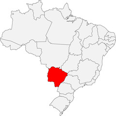 Map of Brazil highlighting the state of Mato Grosso do Sul. Ideal for geographic studies, ecotourism projects, and content about the Pantanal wetlands.