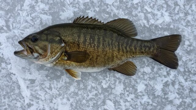 Largemouth Bass on Ice - A largemouth bass lies on a bed of ice crystals. Its mouth is slightly open, and its scales are clearly visible. The fish appears freshly caught.