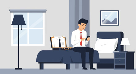 Sad Businessman Checks His Phone In A Hotel Room Before A Meeting