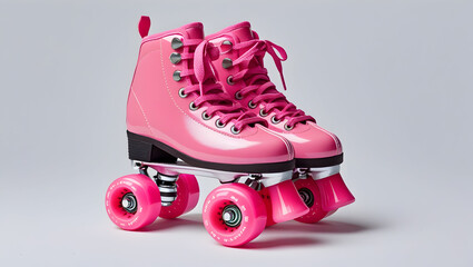 Sport Equipment Bright pink quad roller skates with heart-shaped laces isolated on white background angled for product visual focus and charming youth appeal (