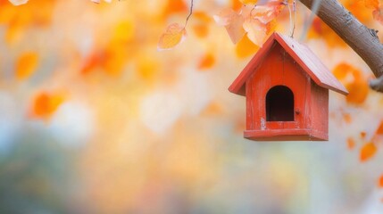 Bright red birdhouse hanging from a tree surrounded by autumn leaves