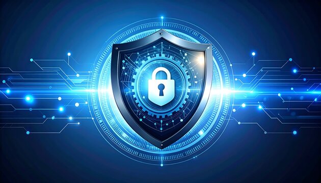 A metallic shield with a padlock at its center, encircled by technological elements on a dark blue background