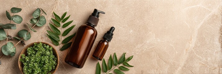 Natural Skincare Products Arranged Beautifully on a Stone Surface Surrounded by Greenery