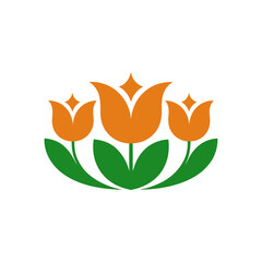 Three orange tulips with green leaves logo