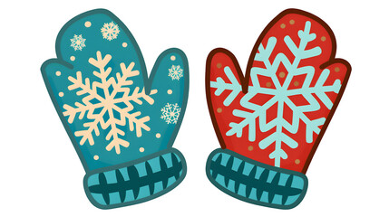 Winter mittens with snowflakes, isolated on transparent background