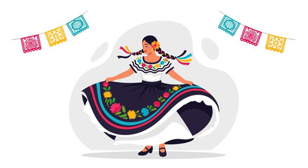 Traditional Mexican Dancer Celebrating Culture With Papel Picado Decorations