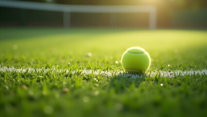 Sport Equipment Grass court detail with fresh ball mark near baseline dew visible and texture sharp in morning light ideal for serene outdoor tennis (2)