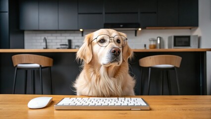 A golden retriever dog wearing glasses sits at a desk with a keyboard and mouse, looking intelligent in a modern kitchen