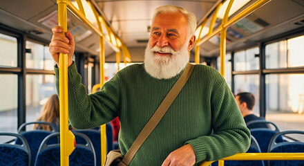 Smiling senior man with white beard enjoys a comfortable bus ride, holding onto the railing.