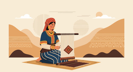 Obraz premium Traditional Weaver Creates Handmade Carpet in Desert Backdrop Illustration
