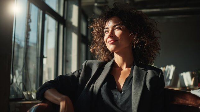Hopeful Woman Gazing Through Window, Sunlit Office - Powered by Adobe