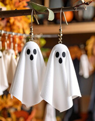Adorable ghost-shaped earrings with happy faces hang playfully, surrounded by warm Halloween decor and festive pumpkins in a cozy seasonal display.