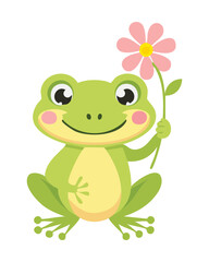 Cute Frog Waving Hand With A Pink Flower