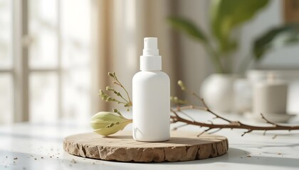 White cosmetic spray bottle on a wooden slice with natural elements