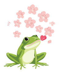 Cute Frog Character Playing With Cherry Blossom