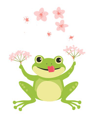Cute Frog Holding Cherry Blossom Flower