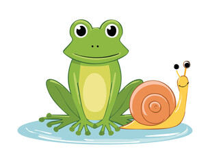Funny Frog And Snail Sitting Side By Side