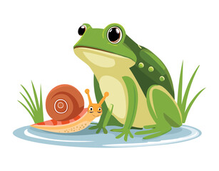 Cute Frog And Snail Sitting On A Branch