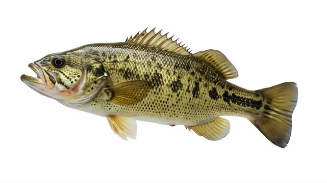 Largemouth Bass Isolated on White - A detailed close-up of a largemouth bass, showcasing its mottled green and brown scales, fins, and open mouth.