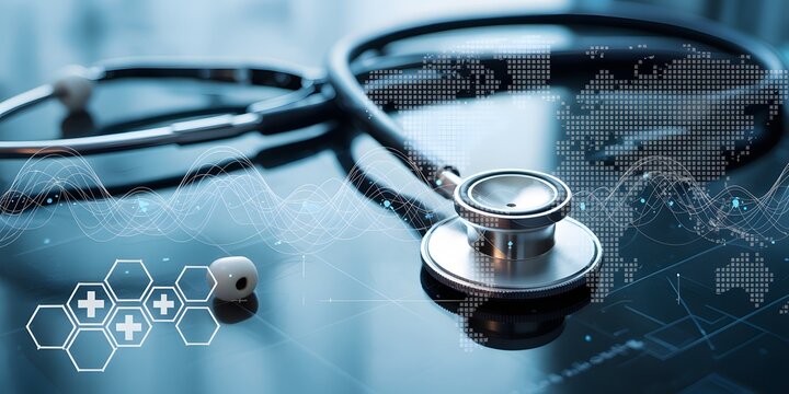 Global Healthcare Technology: Stethoscope, Digital World Map